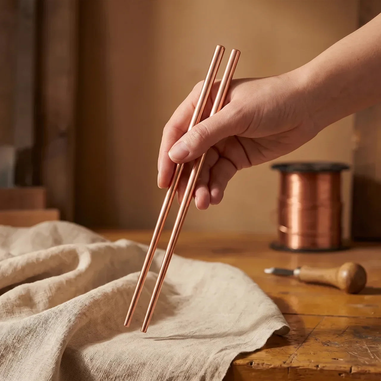Hammered copper utensil pair held in hand, with tapered ends.