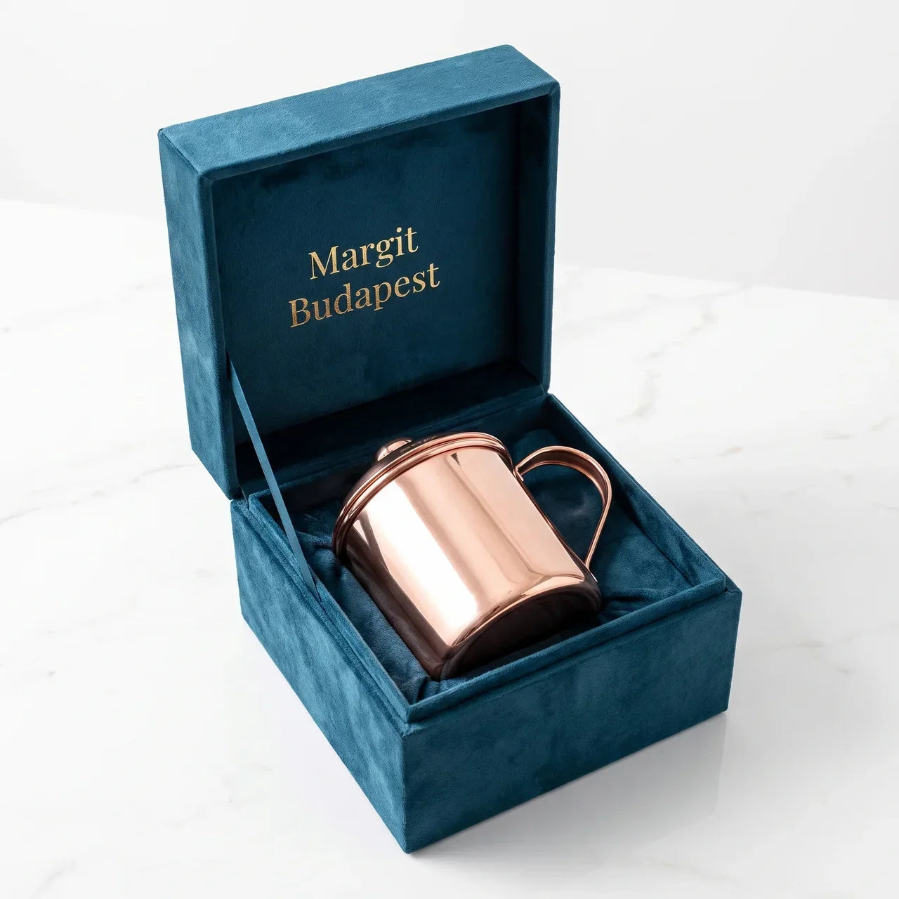 Copper jug with domed lid in blue presentation box