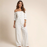 Off-shoulder denim jumpsuit in white with front buttons and wide-leg long fit