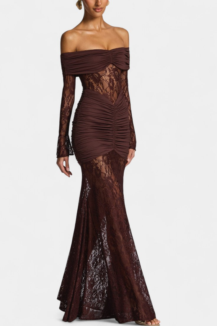 Burgundy off-shoulder lace gown with ruched bodice and long lace sleeves
