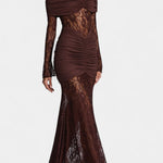 Burgundy off-shoulder lace gown with ruched bodice and long lace sleeves