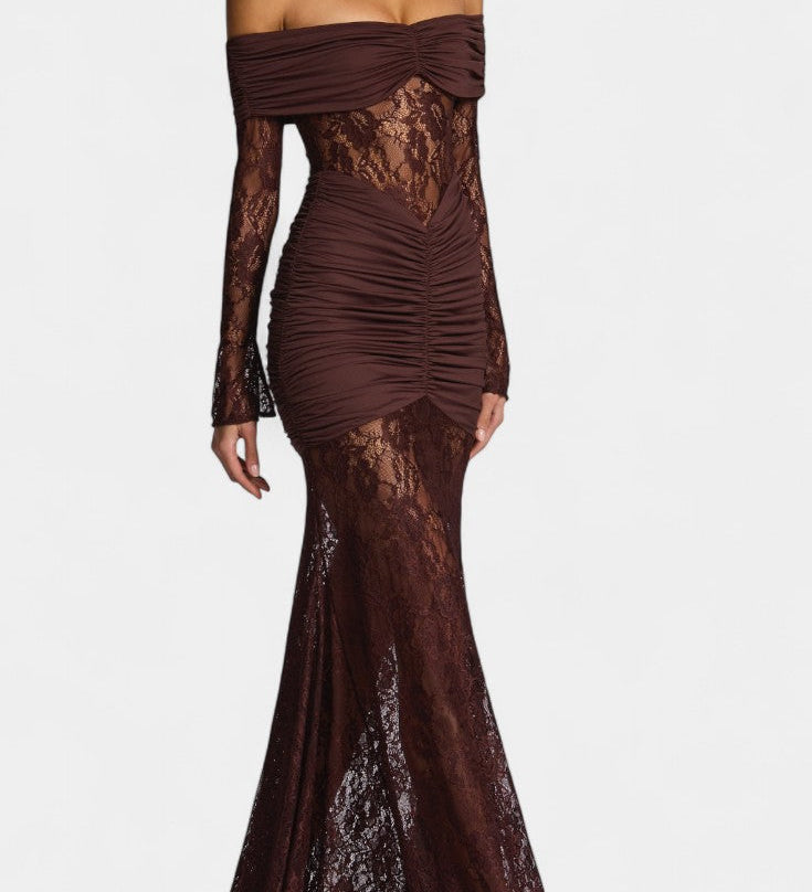 Burgundy off-shoulder lace gown with ruched bodice and long lace sleeves