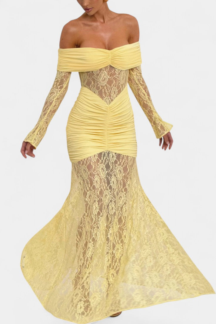 Yellow off-shoulder lace gown with ruched bodice and long lace sleeves