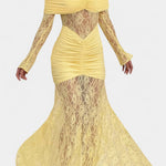 Yellow off-shoulder lace gown with ruched bodice and long lace sleeves