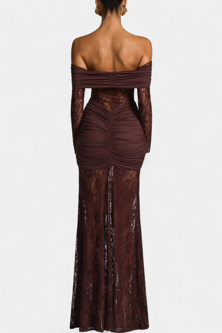 Burgundy off-shoulder lace gown, back view, with long lace sleeves