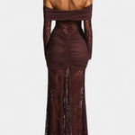 Burgundy off-shoulder lace gown, back view, with long lace sleeves