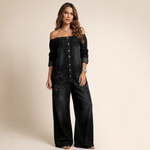 Off-shoulder denim jumpsuit in black with button front and wide-leg pant silhouette