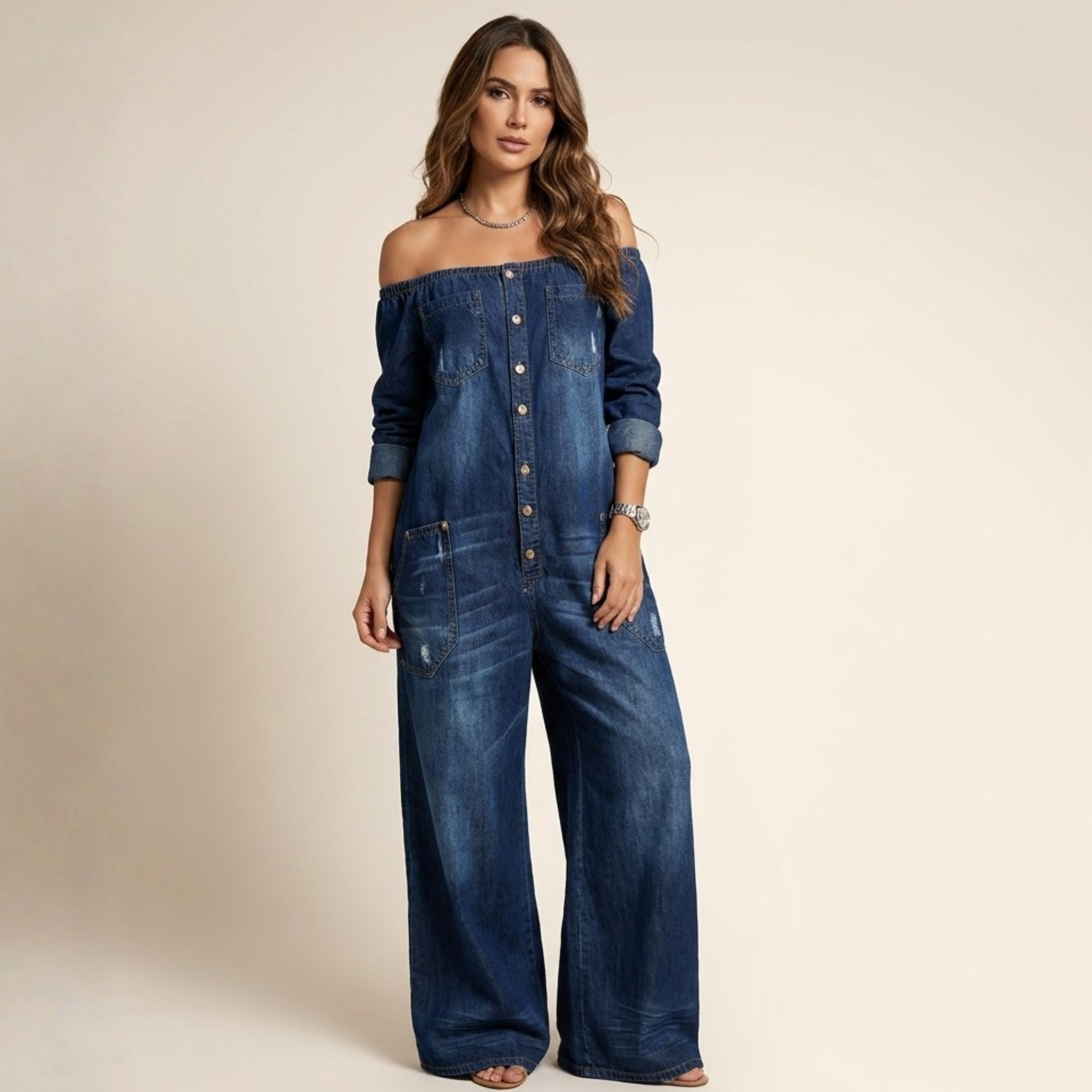 Off-shoulder denim jumpsuit in deep blue with vertical button placket, wide-leg trousers