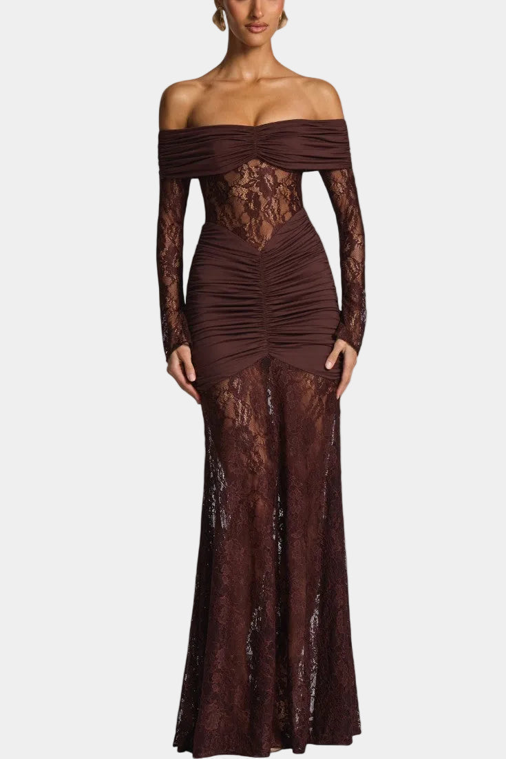 Burgundy off-shoulder lace gown with ruched waist and long lace sleeves