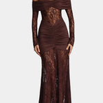 Burgundy off-shoulder lace gown with ruched waist and long lace sleeves