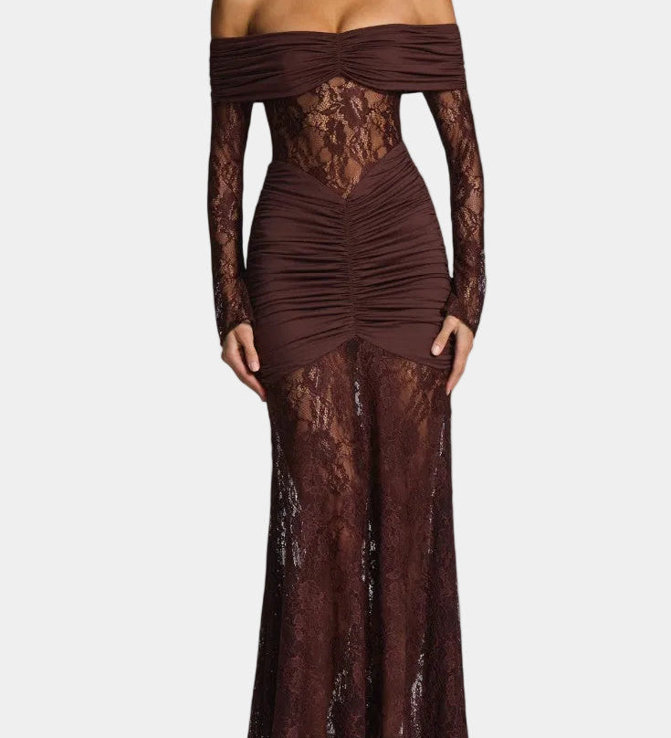 Burgundy off-shoulder lace gown with ruched waist and long lace sleeves
