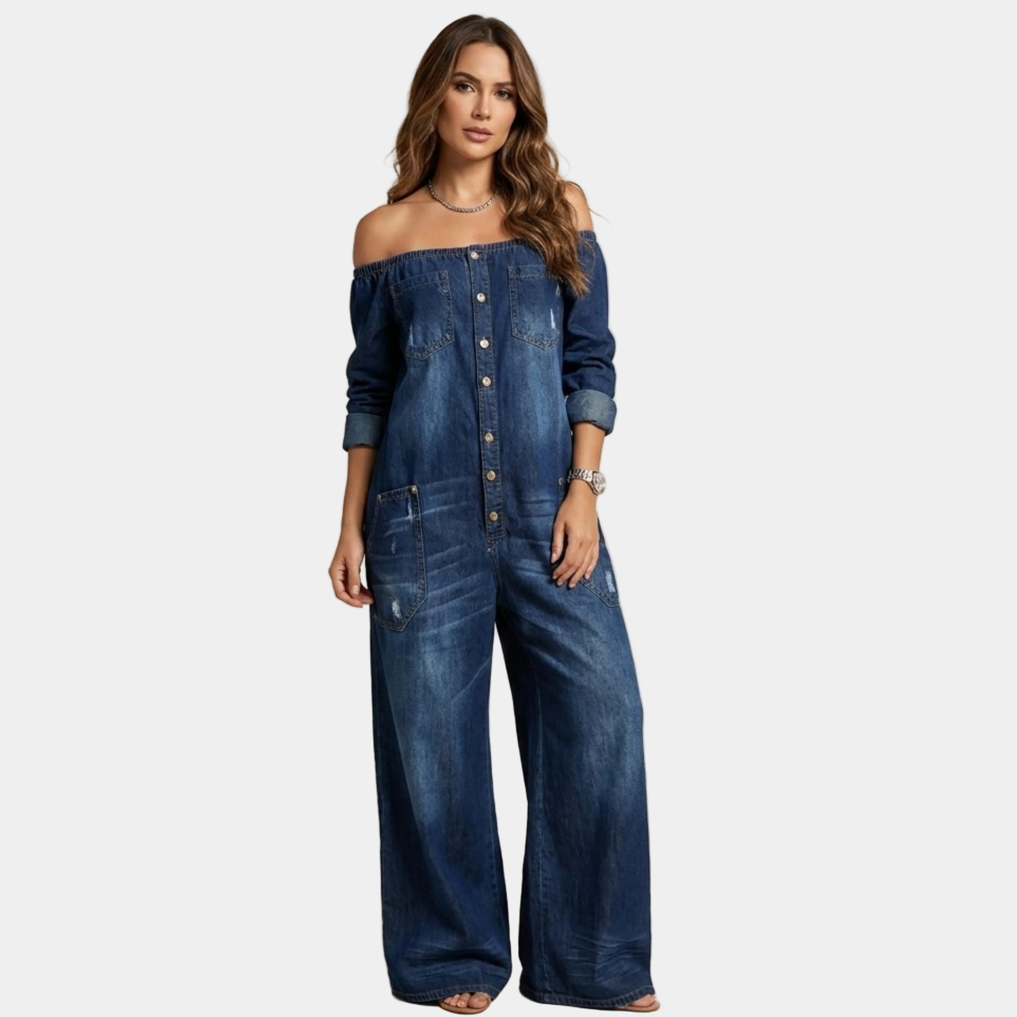 Off-shoulder denim jumpsuit in dark blue with button front and wide legs, chest pockets