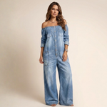 Off-shoulder denim jumpsuit in light blue with button front and patch chest pocket