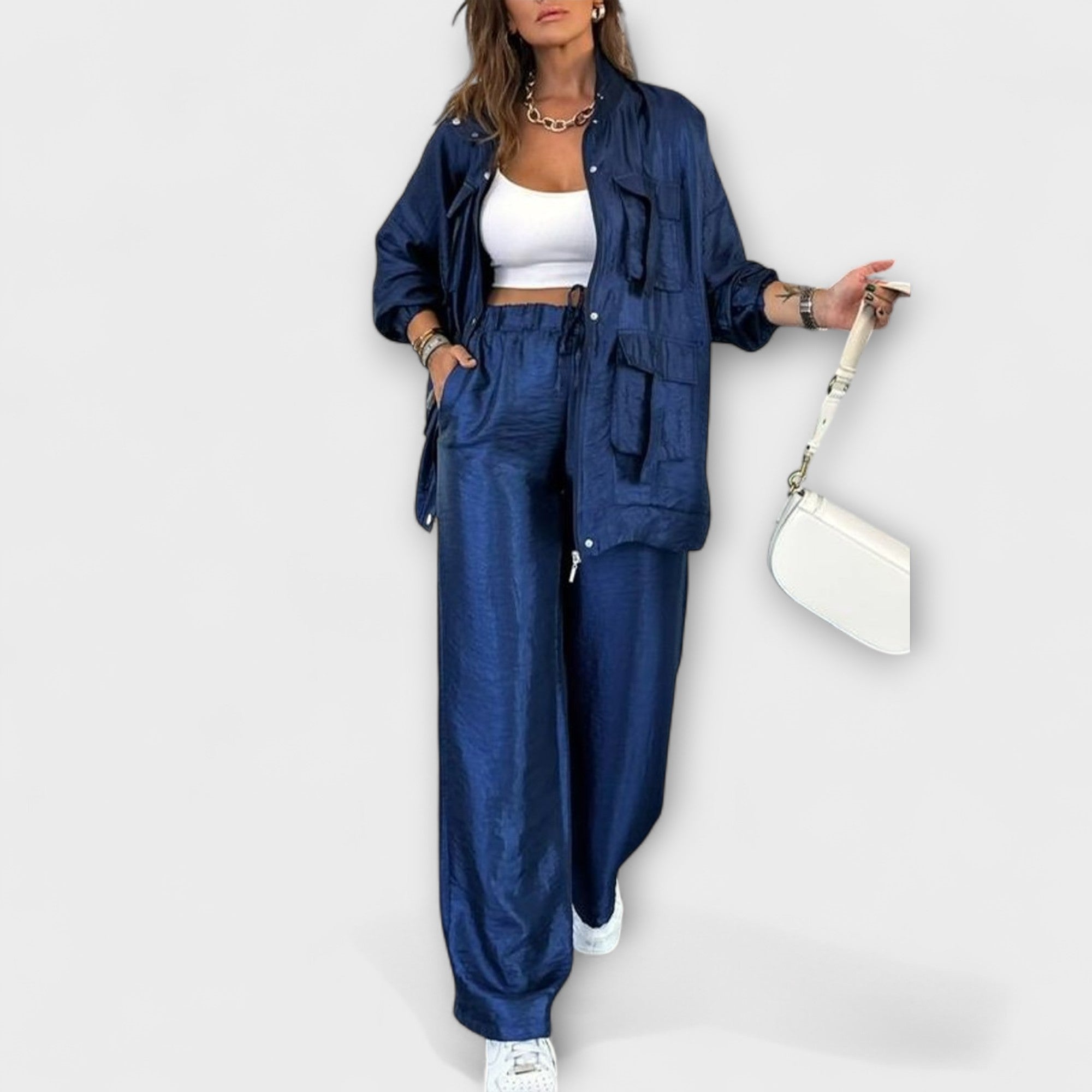 Navy blue overshirt jacket with matching wide-leg pants set