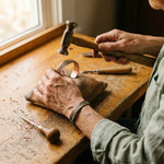 Copper bracelet band in a workshop, partially worn on a hand tool scene