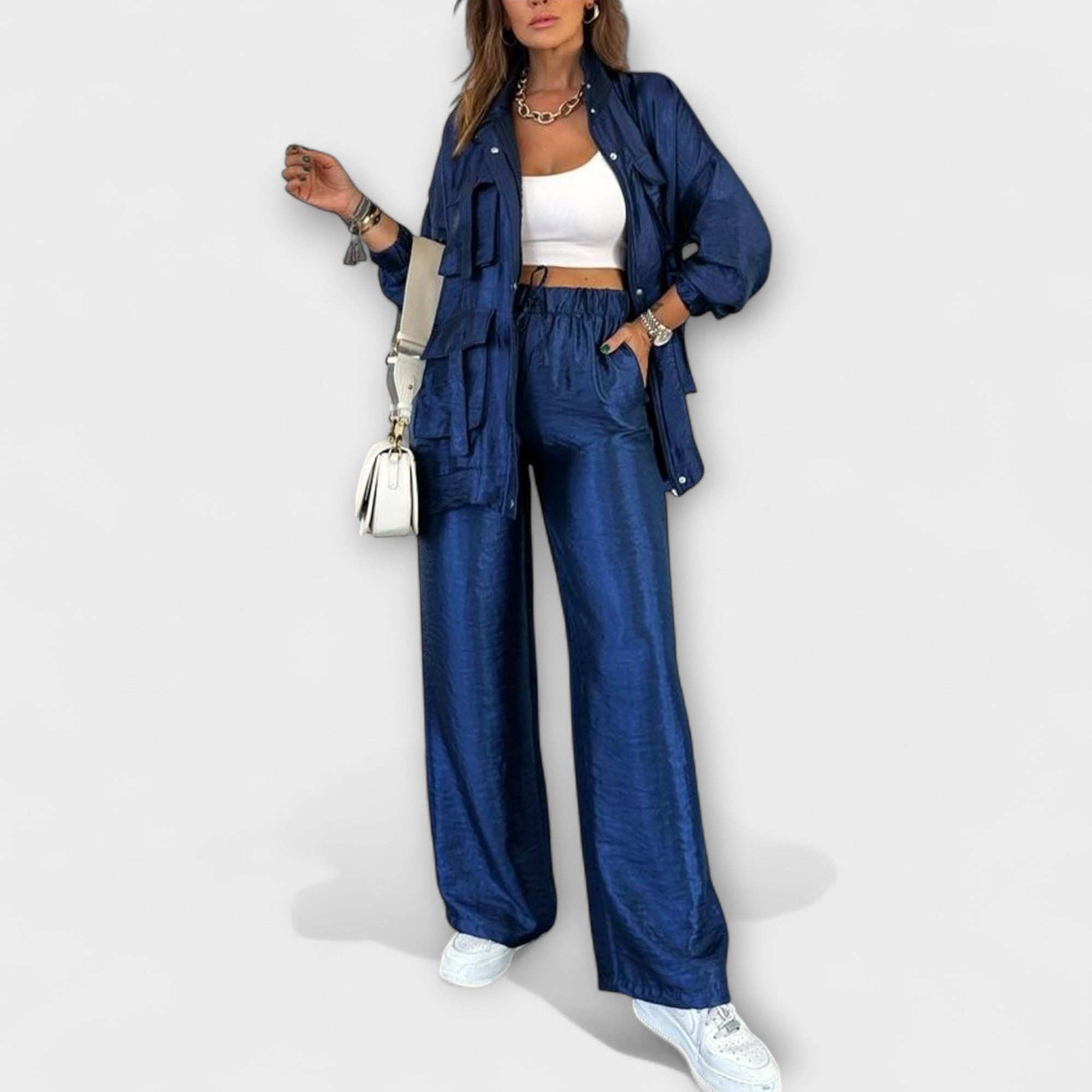 Navy blue utility jacket and wide-leg pants set with front pockets