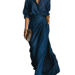 Blue button-front blouse and matching wide-leg trousers, draped at the waist
