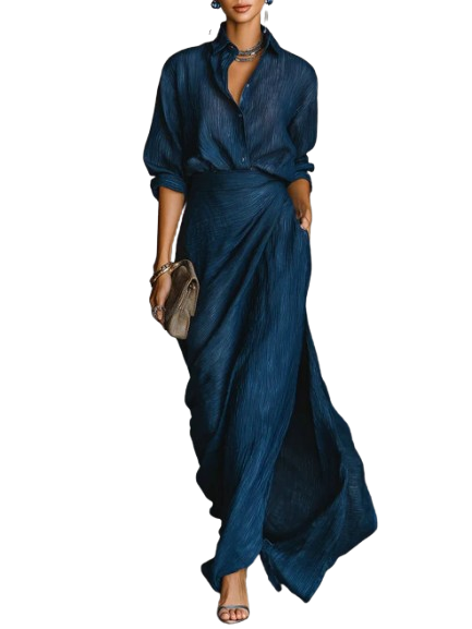 Blue button-front blouse and matching wide-leg trousers, draped at the waist
