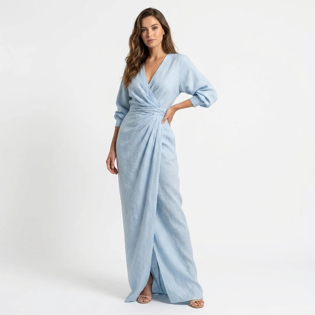 Roxana light blue wrap maxi dress with V-neck and long sleeves