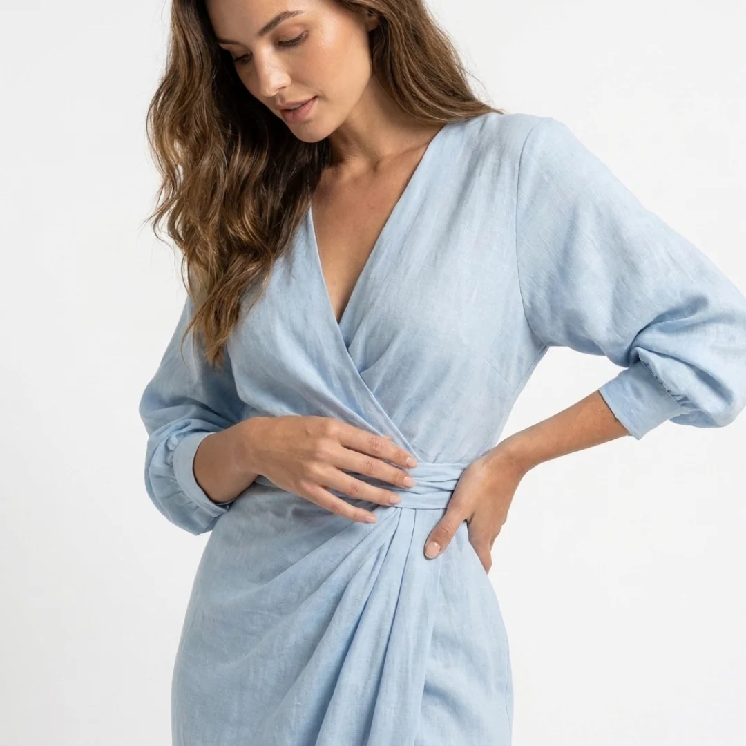 Roxana light blue wrap maxi dress, V-neck detail and gathered waist