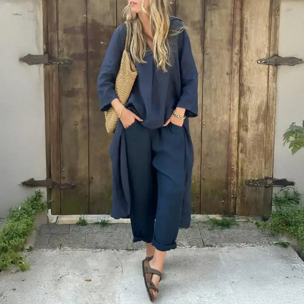 Navy two-piece shirt and cropped trousers set with wide-leg pants