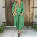Green two-piece shirt and cropped trousers set
