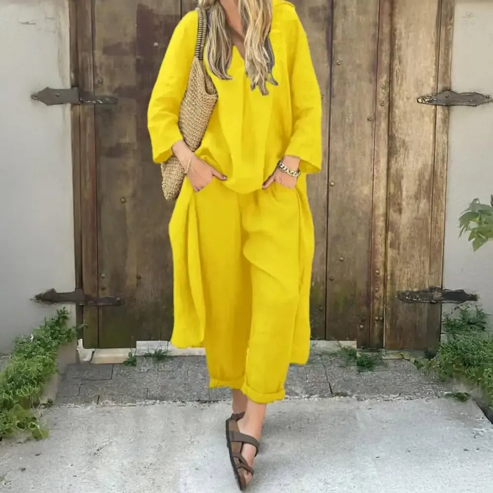 Yellow two-piece shirt and cropped trousers set