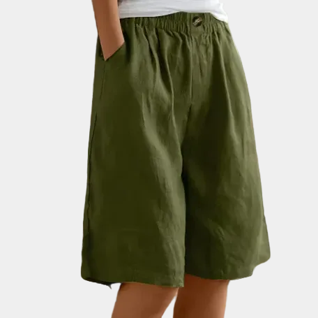 Cotton comfort shorts, olive green, elastic waist and front button detail
