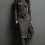 Dark gray midi dress with turtleneck, long sleeves, fitted suede-look texture