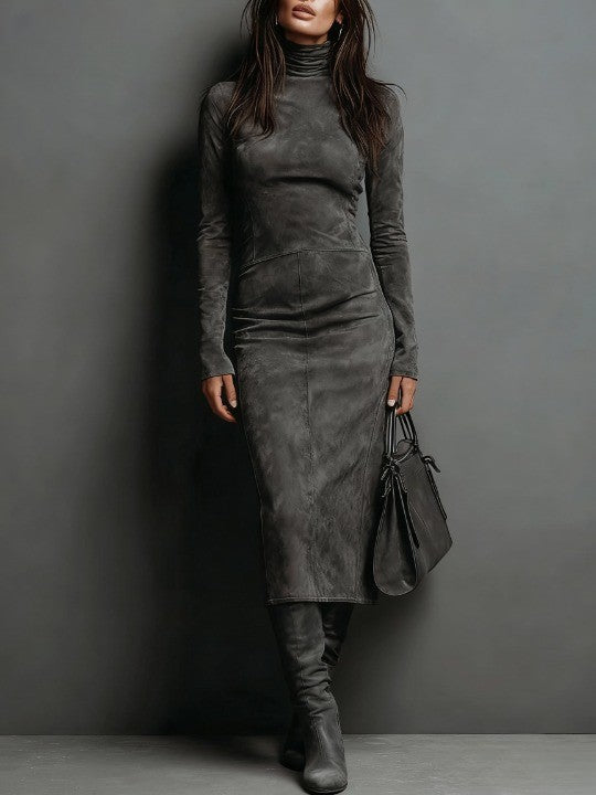 Dark gray midi dress with turtleneck, long sleeves, fitted suede-look texture