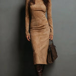 Camel midi dress with turtleneck, long sleeves, fitted suede-look finish