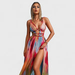 Sleeveless long printed maxi dress, multicolor abstract print; V-neck bodice with waist band.