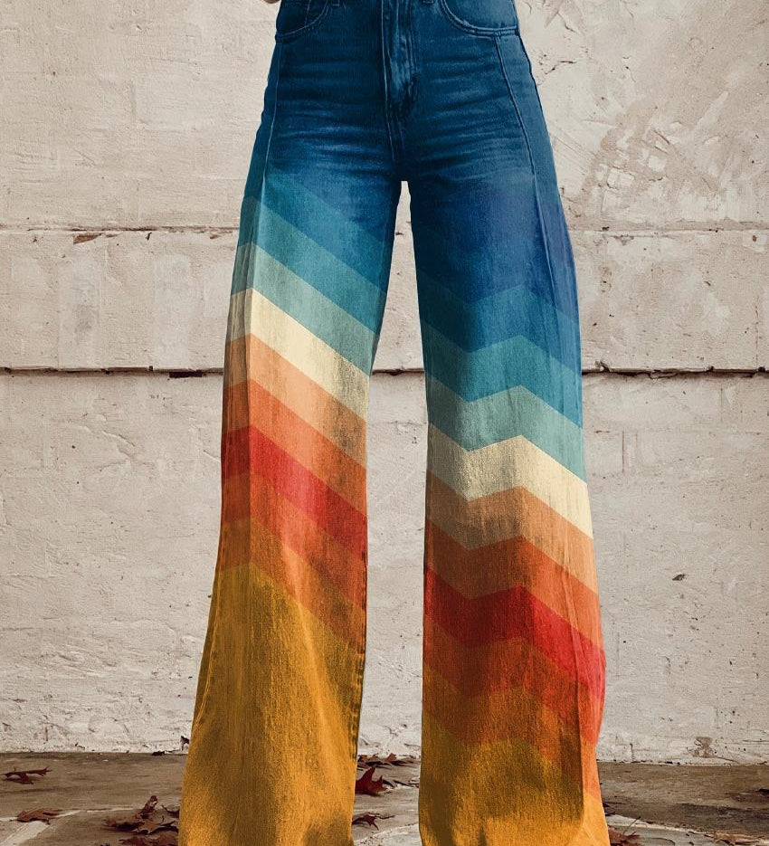Boho wide-leg pants with dark blue denim and multicolor striped side panels