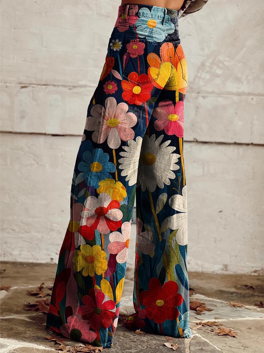 Wide-leg floral pants with multicolor large blossoms and elastic waist