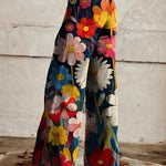 Wide-leg floral pants with multicolor large blossoms and elastic waist
