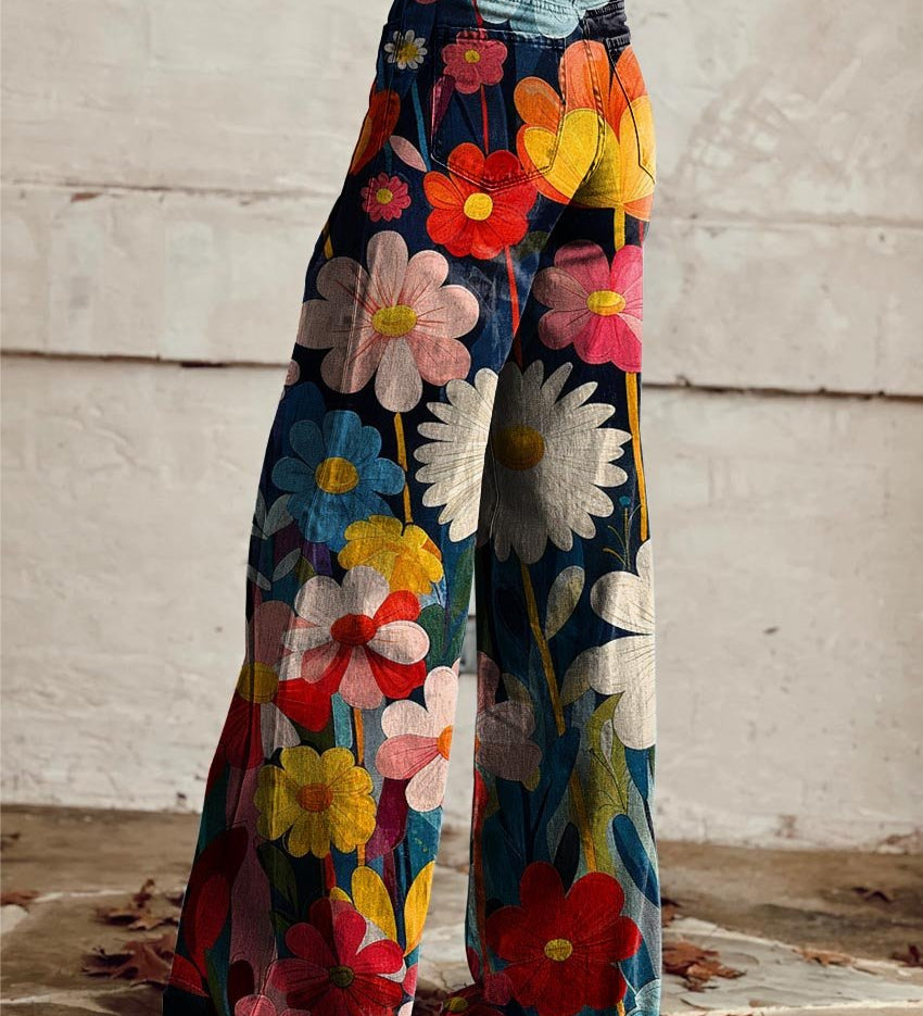 Wide-leg floral pants with multicolor large blossoms and elastic waist