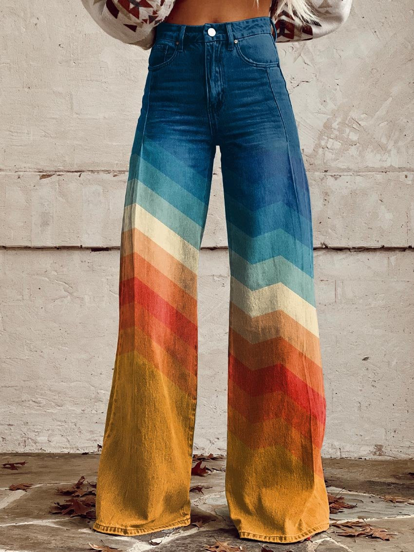 Boho wide-leg pants, high-rise dark denim with colorful chevron panels