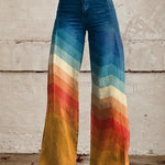 Boho wide-leg pants, high-rise dark denim with colorful chevron panels