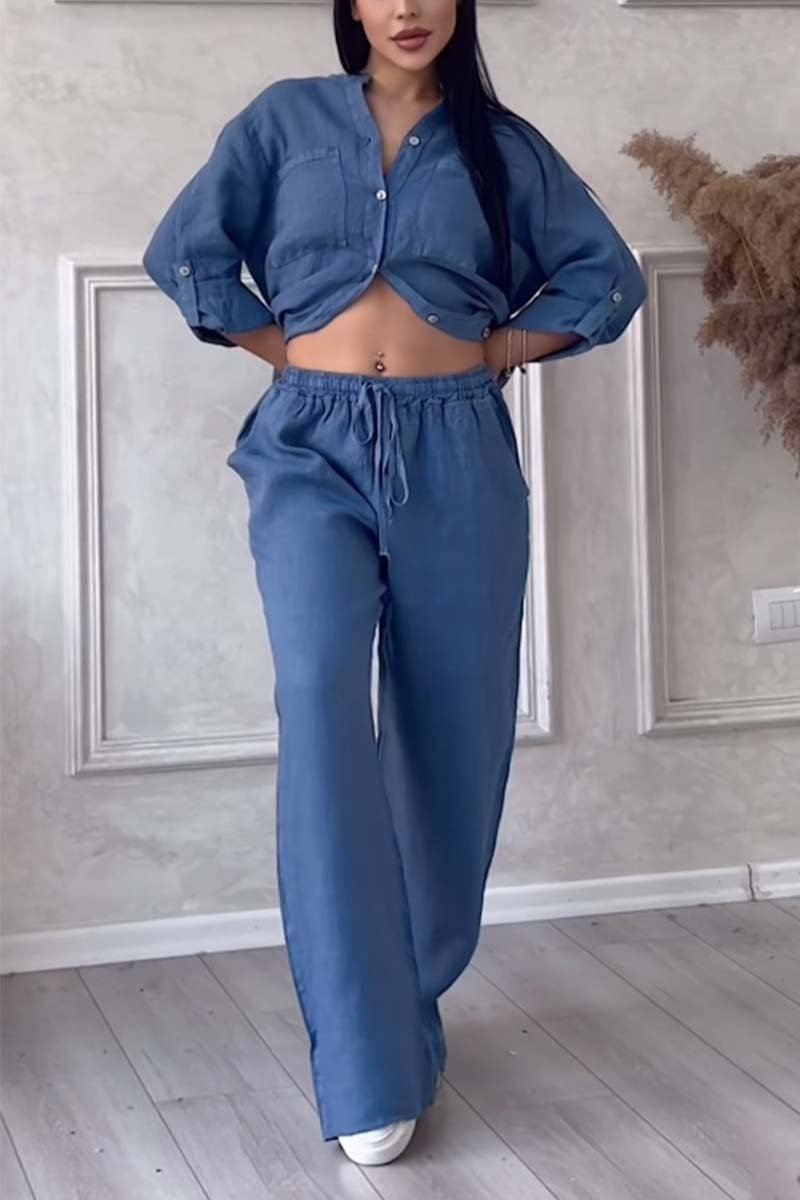 Denim blue button-front shirt and drawstring waist wide-leg pants set
