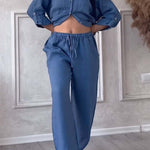Denim blue button-front shirt and drawstring waist wide-leg pants set