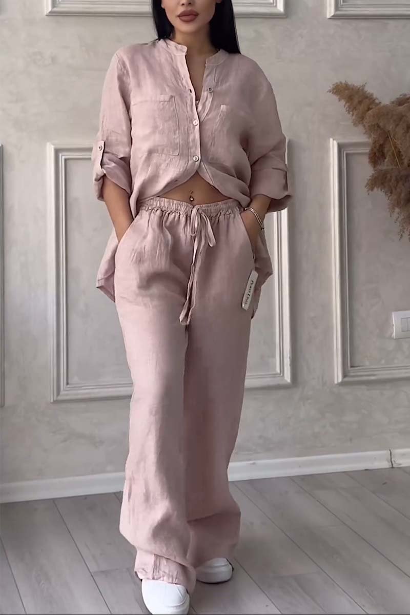 Blush pink button-front shirt and drawstring waist wide-leg pants set