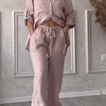 Blush pink button-front shirt and drawstring waist wide-leg pants set