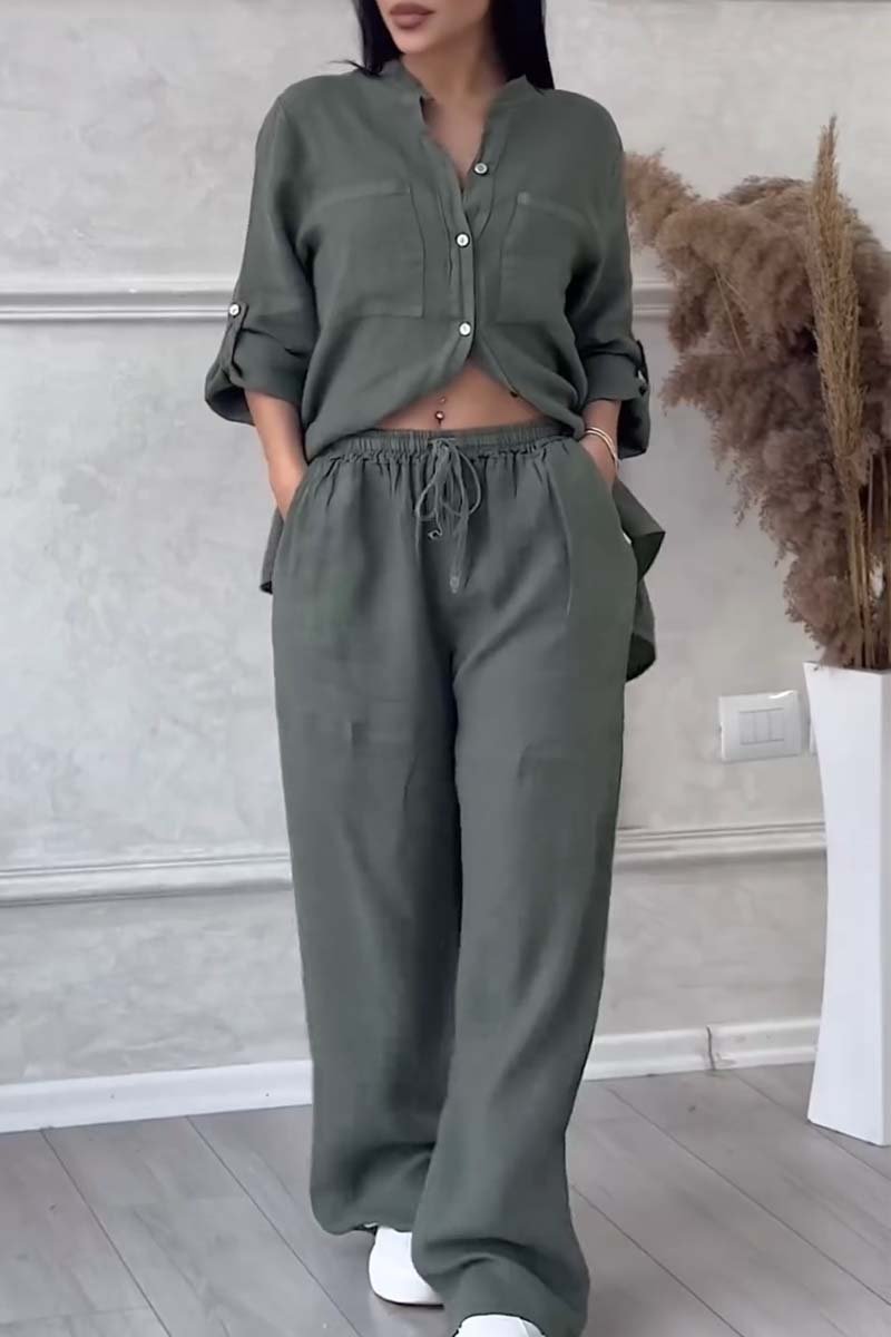 Olive green button-front shirt and drawstring waist wide-leg pants set