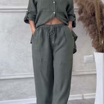 Olive green button-front shirt and drawstring waist wide-leg pants set