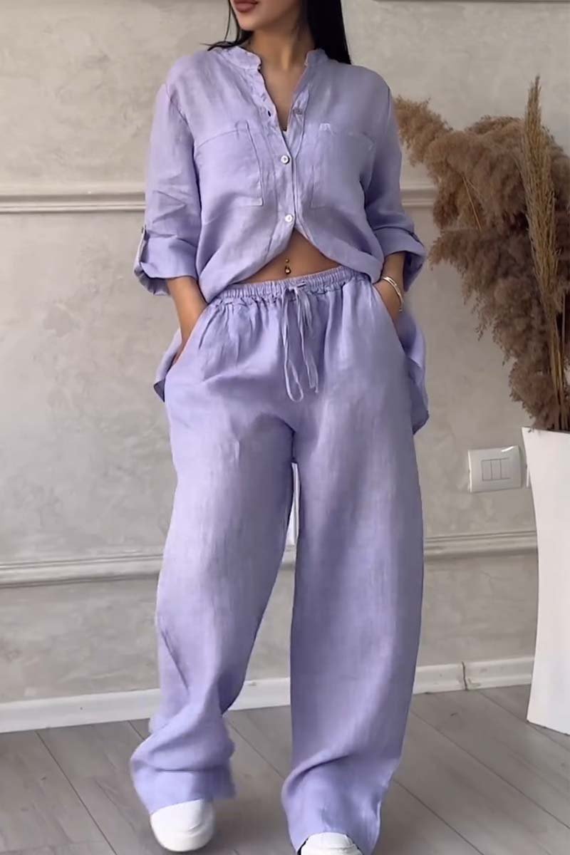 Lavender button-front shirt and drawstring waist wide-leg pants set