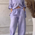 Lavender button-front shirt and drawstring waist wide-leg pants set
