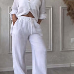 White button-front shirt and drawstring waist wide-leg pants set