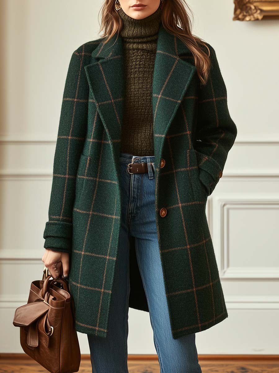 Dark green plaid tweed coat with wide retro lapels and button front