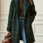 Dark green plaid tweed coat with wide retro lapels and button front
