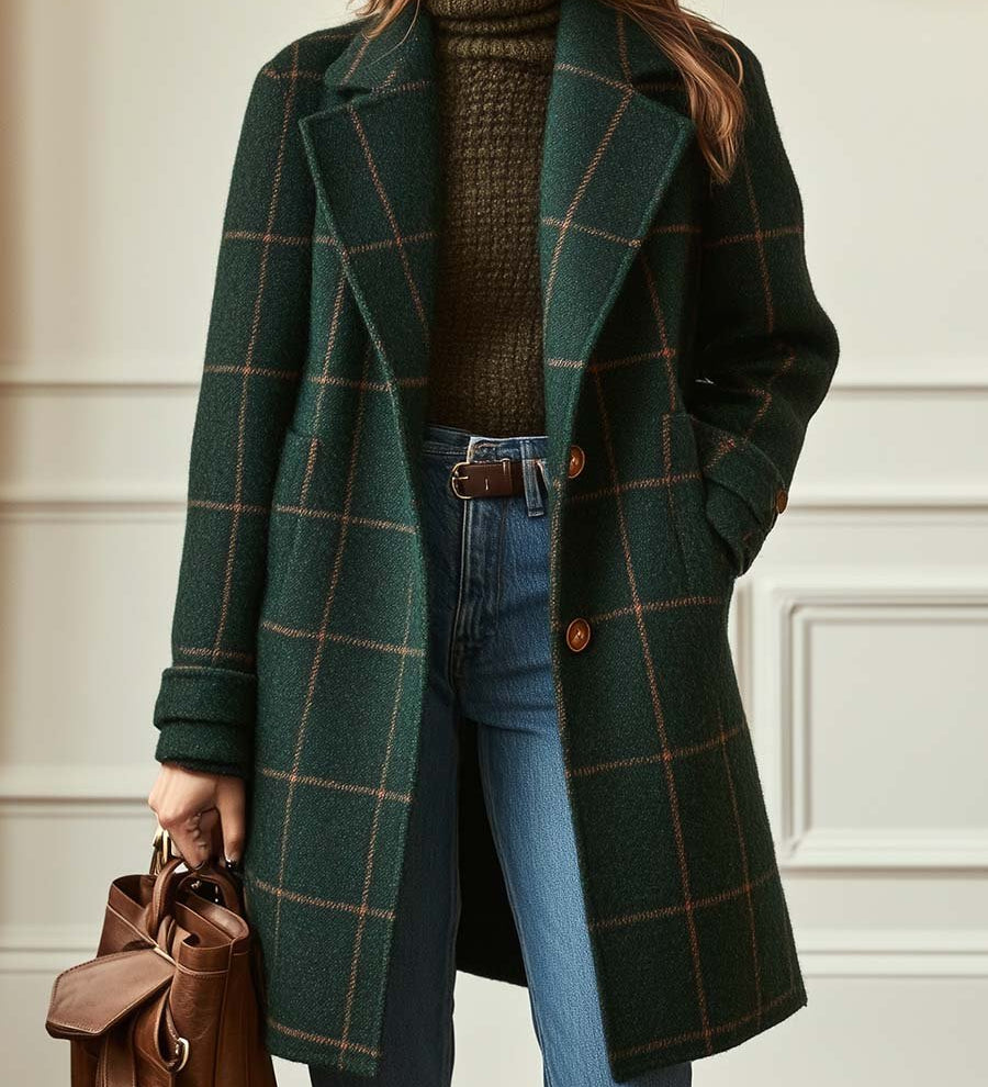 Dark green plaid tweed coat with wide retro lapels and button front
